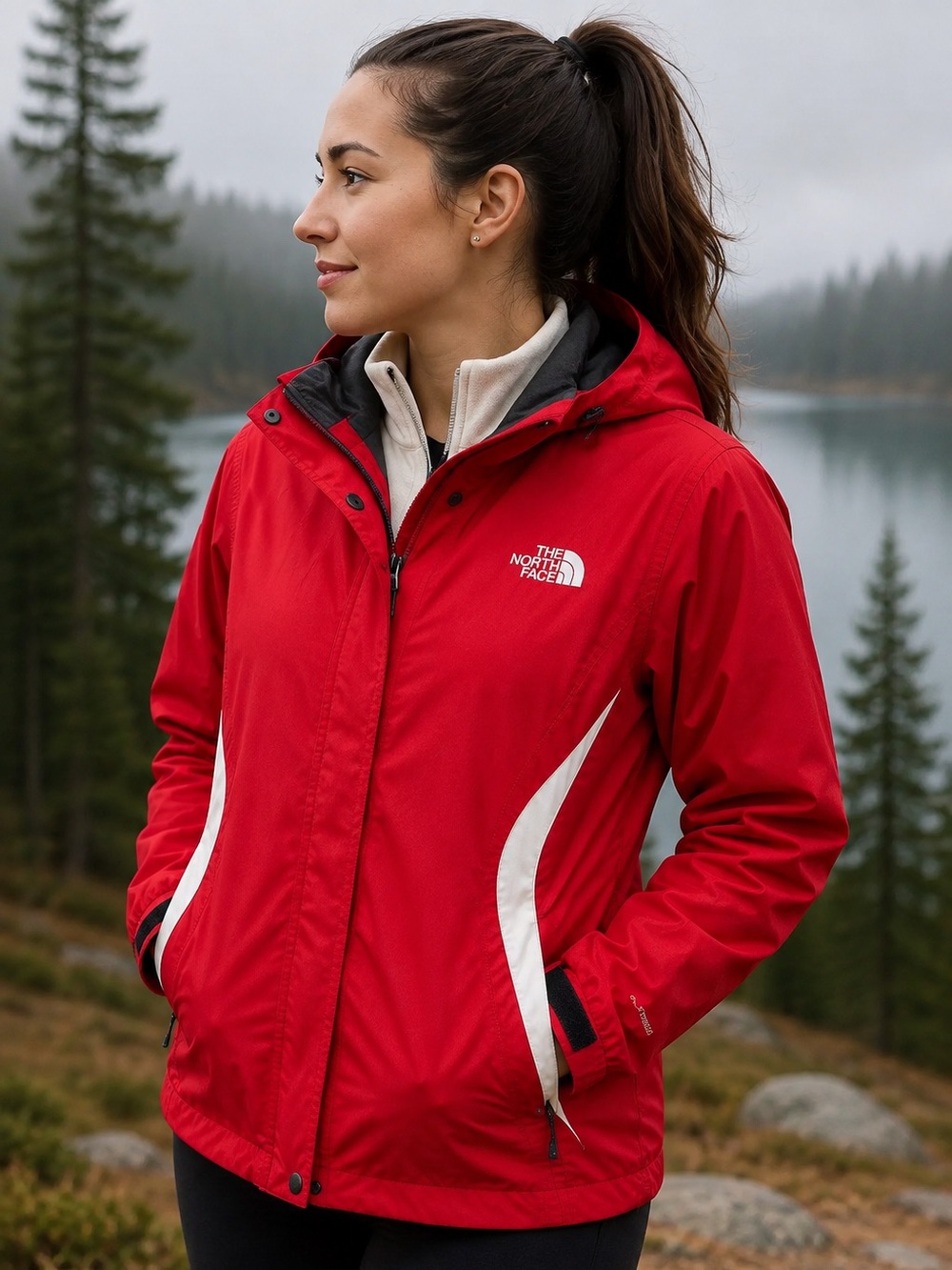 The North Face Women’s S HyVent Red White Hooded Rain Jacket